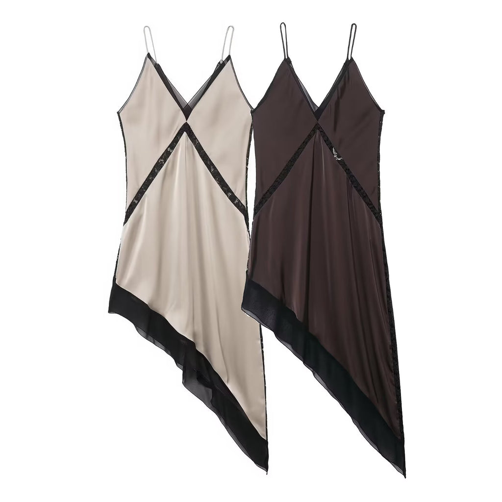 Graceful Satin Asymmetric V neck Strap Midi Dress