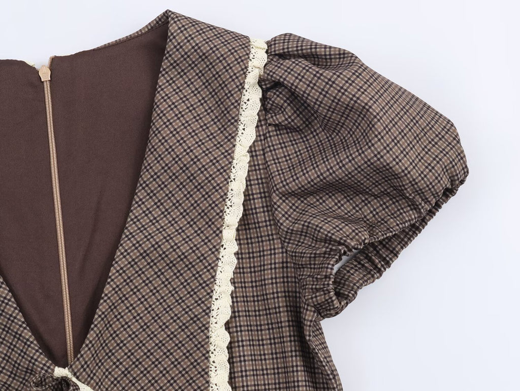 Vestido de mujer con cuello redondo pequeño a cuadros
