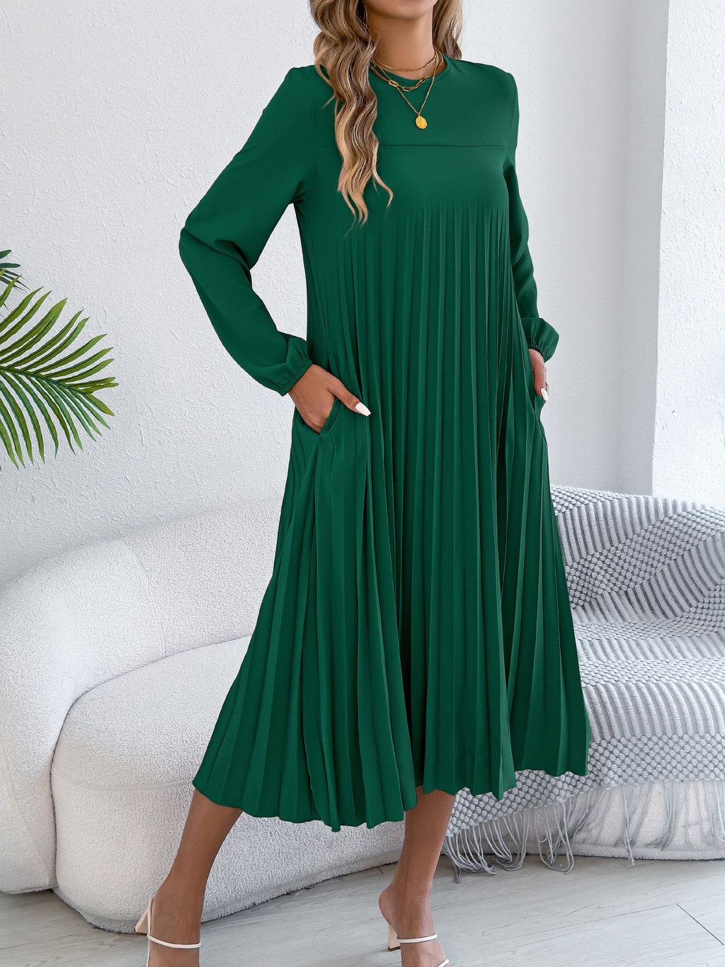 Vestido plisado informal de manga larga con bolsillos y color liso para mujer, primavera y verano (sin cinturón)