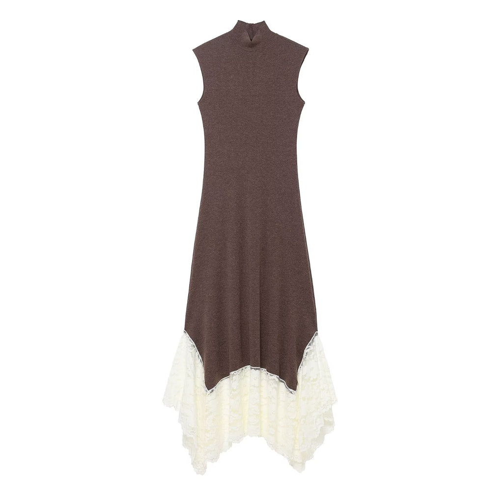 Vestido largo con costuras de encaje para mujer