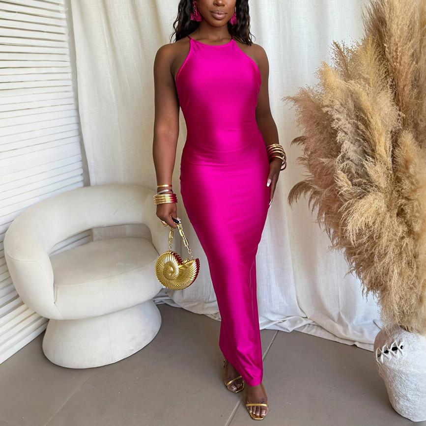 Vestido largo ajustado con cuello halter y color liso para mujer