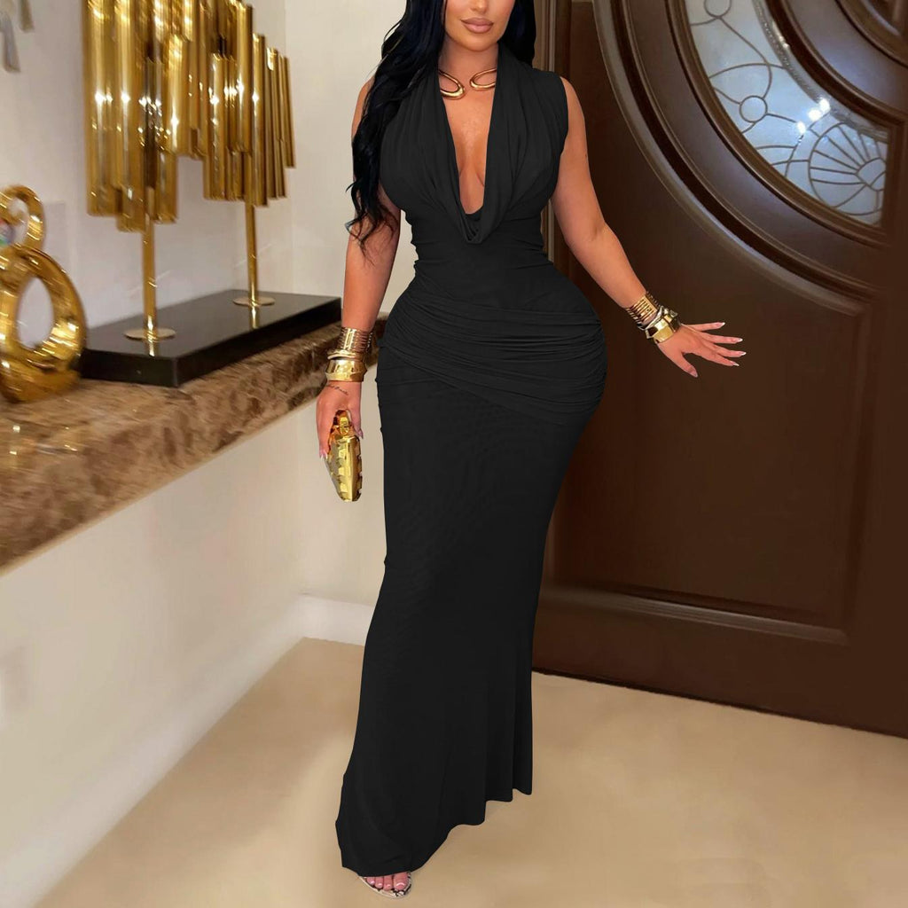 Vestido elegante sin mangas con escote en V plisado y corte bajo para mujer