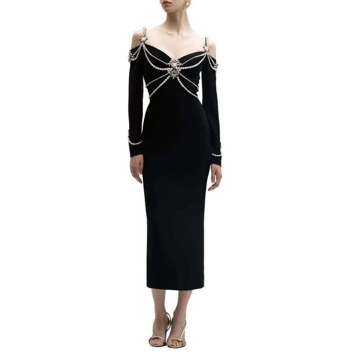 Sexy Sling Beads Rhinestones Long Sleeve Bandage Bandage One Piece Dress Party Gathering Formal Dress