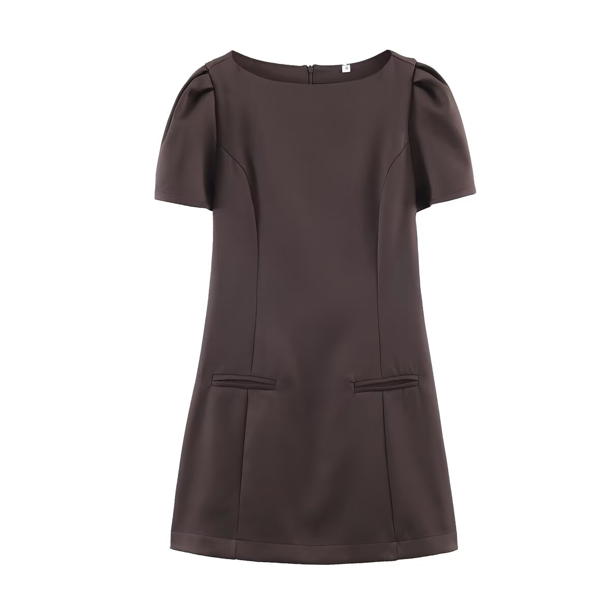 Robe décontractée pour femme, couleur unie, deux poches plissées, manches courtes