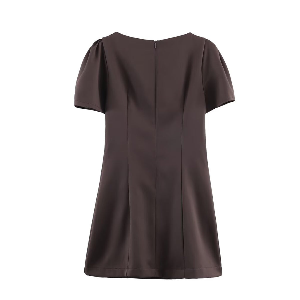 Robe décontractée pour femme, couleur unie, deux poches plissées, manches courtes