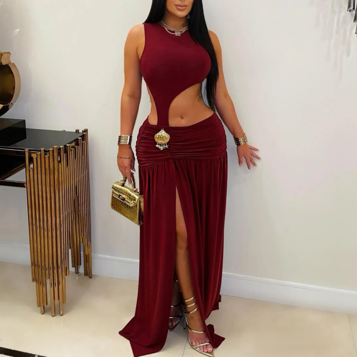 Vestido sexy de color sólido sin mangas con abertura corta para mujer