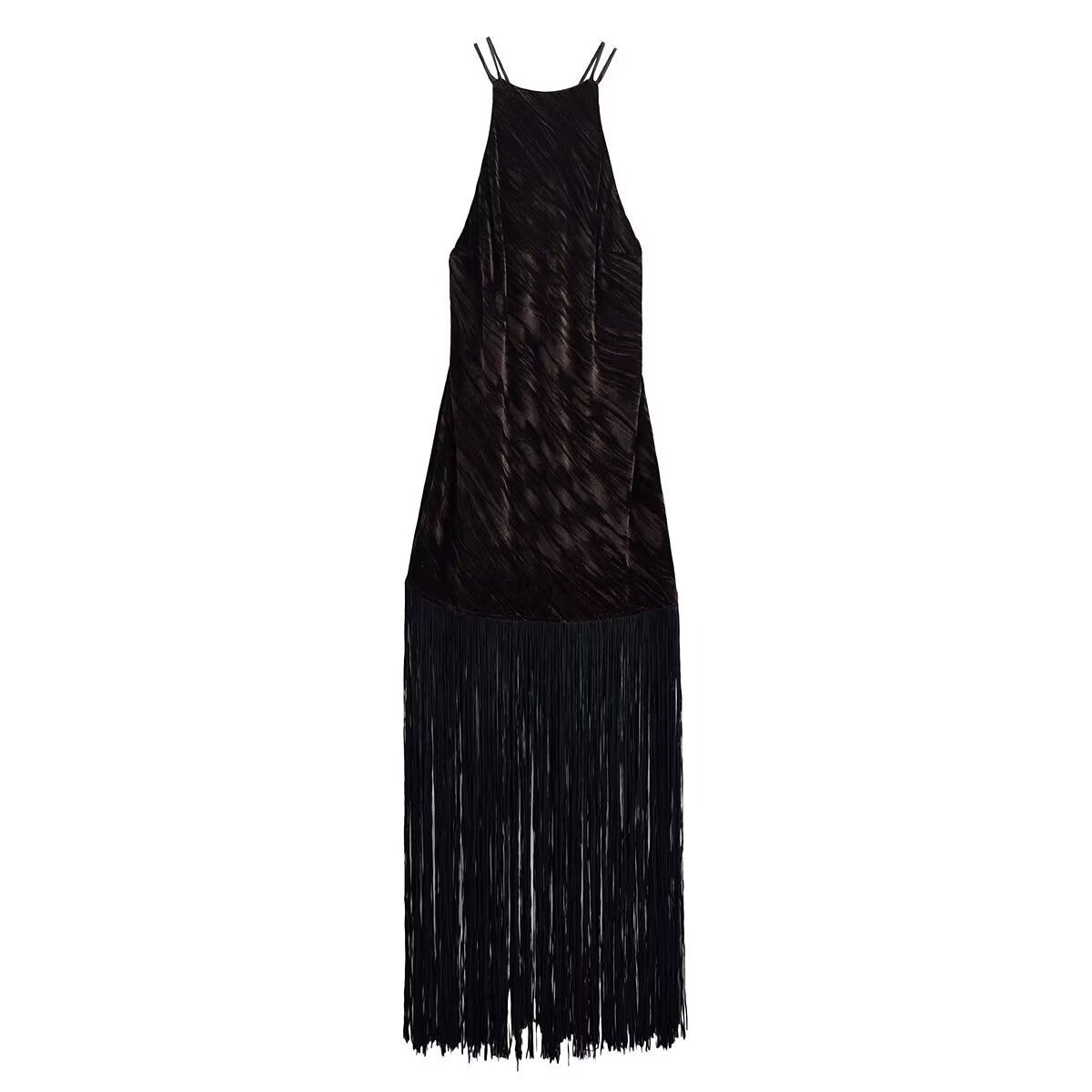 Women Clothing Hanging Collar Velvet Tassel Mid Length Midi Dress