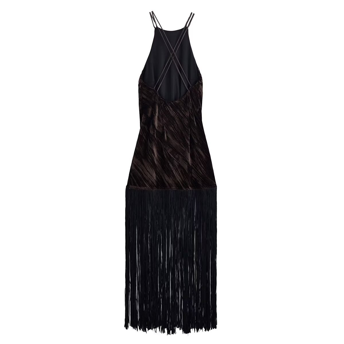 Women Clothing Hanging Collar Velvet Tassel Mid Length Midi Dress