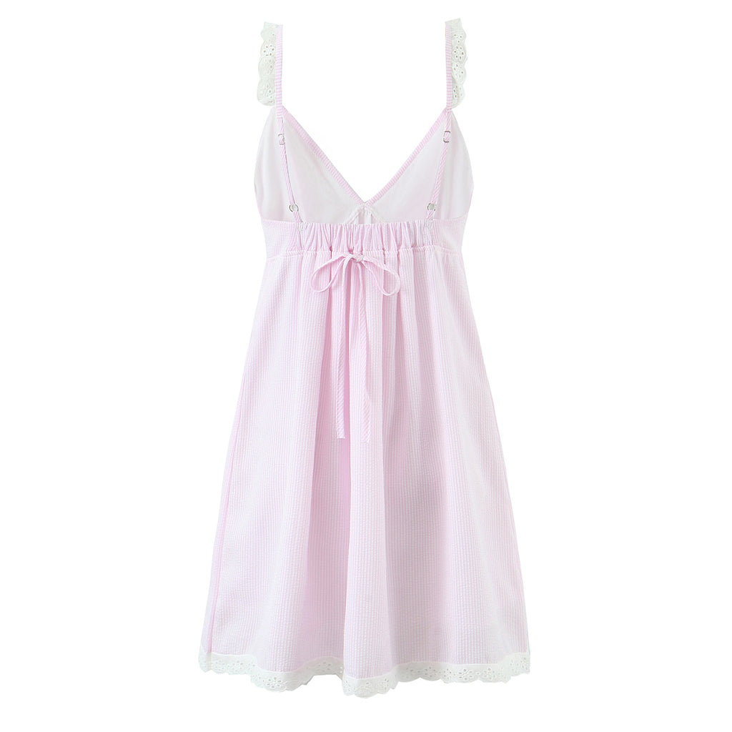 Vestido ajustado con cuello en V y encaje a rayas sexy francés