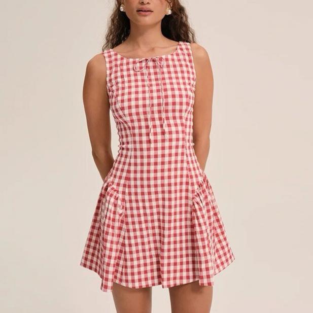 Vestido retro de cuadros con tirantes ajustados y cintura plisada pequeña, vestido corto sexy sin mangas para minorías temperamentales