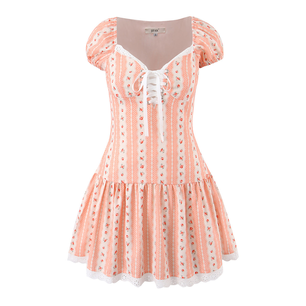 French Girlish Fresh Sweet Lace Strap Printing Slim Fit Short Dress
