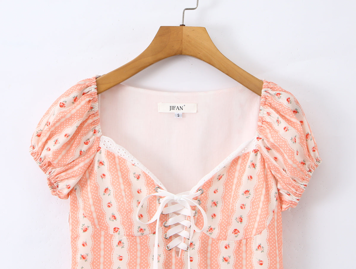 French Girlish Fresh Sweet Lace Strap Printing Slim Fit Short Dress