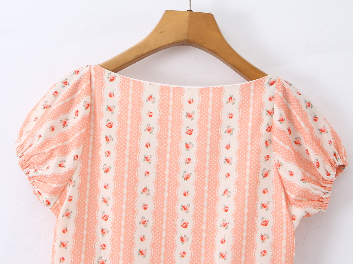 French Girlish Fresh Sweet Lace Strap Printing Slim Fit Short Dress