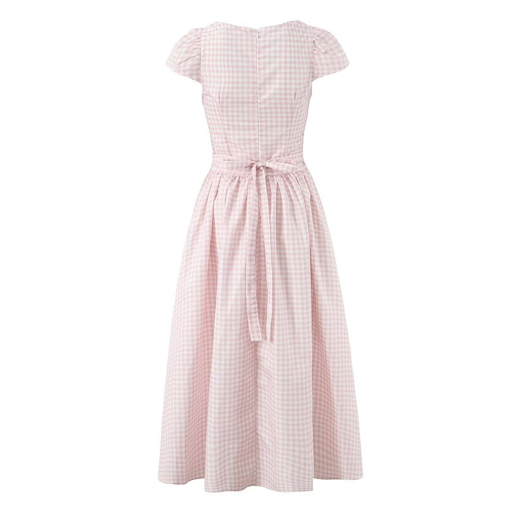 Vestido largo ajustado de otoño con cuello cuadrado y manga corta a cuadros rosas para mujer, vestido maxi ajustado con una sola botonadura