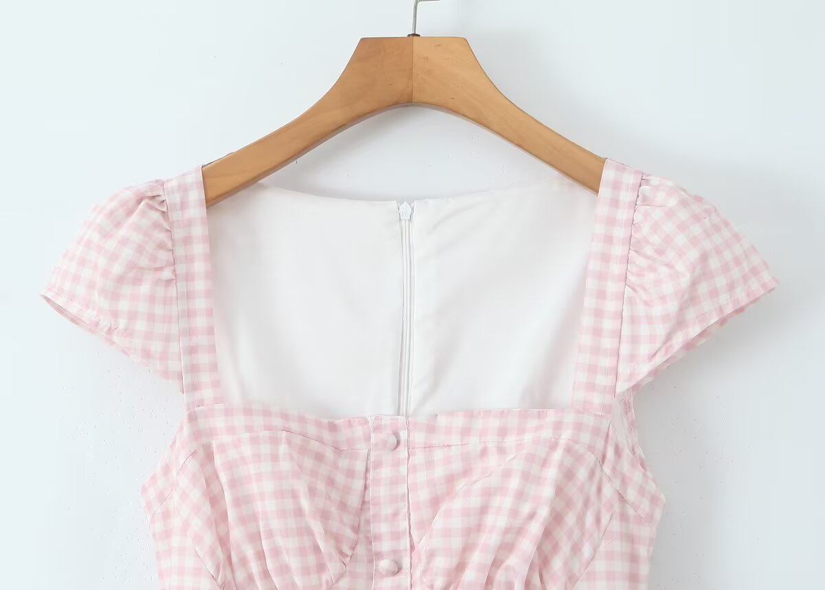 Women Pink Plaid Square Collar Short Sleeve Dress Autumn Tight Waist Slim Single Breasted Maxi Dress