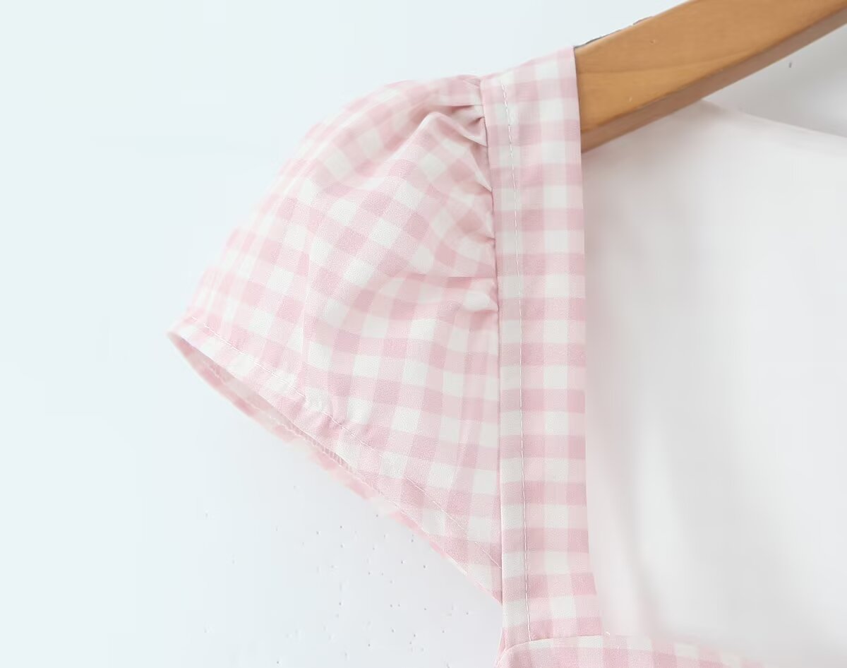 Women Pink Plaid Square Collar Short Sleeve Dress Autumn Tight Waist Slim Single Breasted Maxi Dress