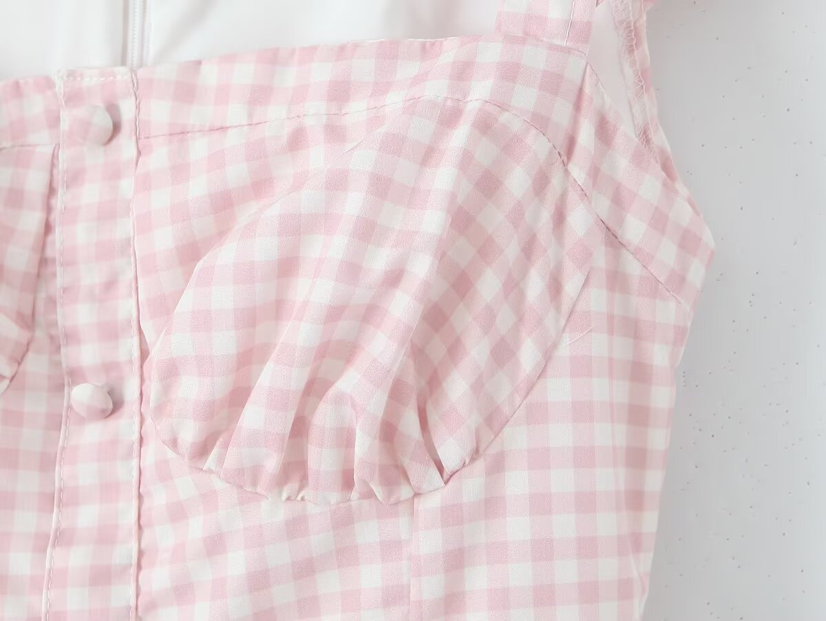 Women Pink Plaid Square Collar Short Sleeve Dress Autumn Tight Waist Slim Single Breasted Maxi Dress