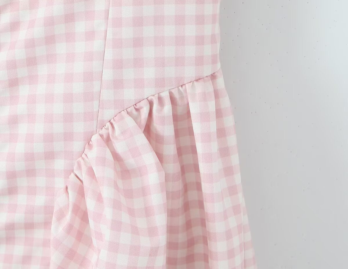 Vestido largo ajustado de otoño con cuello cuadrado y manga corta a cuadros rosas para mujer, vestido maxi ajustado con una sola botonadura