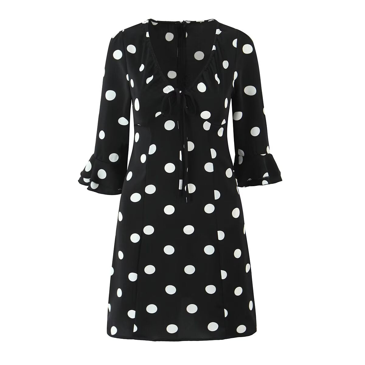 French Retro Dots Dress Women Holiday V neck Slim-Fit Flared Sleeves Slimming A line Dress