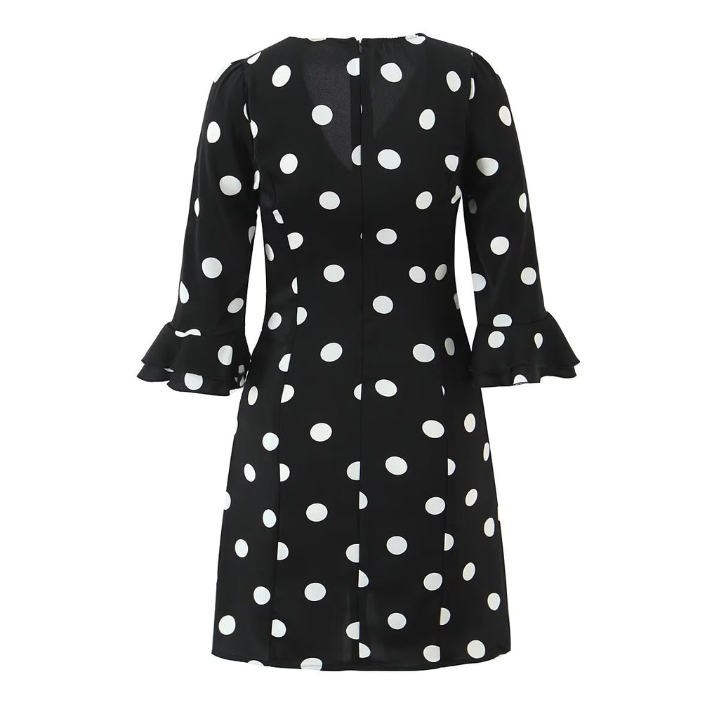 Robe à pois rétro française pour femme, col V, coupe ajustée, manches évasées, style trapèze.