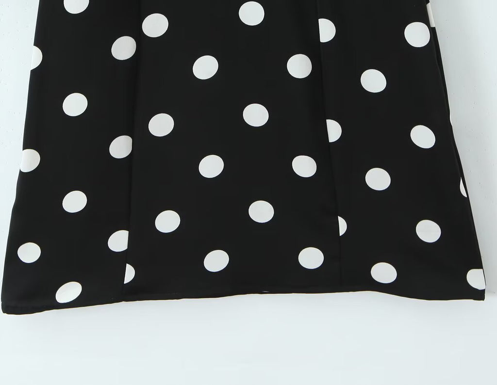Robe à pois rétro française pour femme, col V, coupe ajustée, manches évasées, style trapèze.