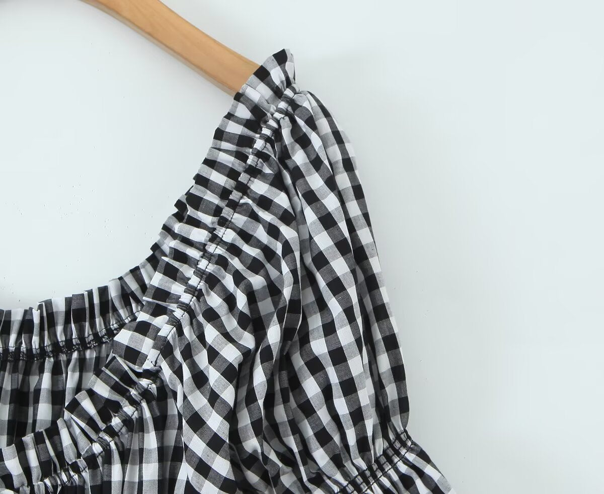 French Retro Minority Design High Waist Color Contrast Check Maxi Dress Women Elastic Waist Puff Sleeve Dress