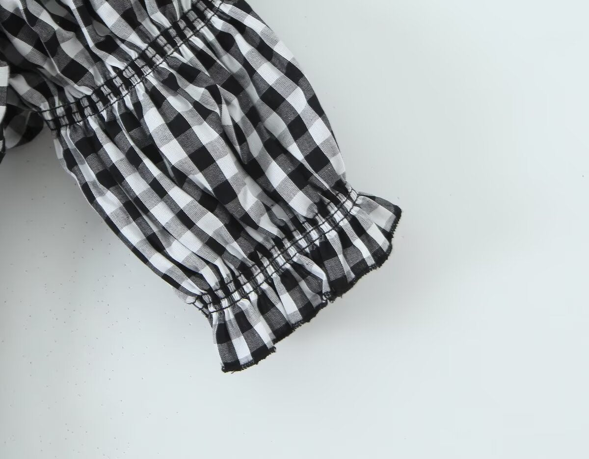 French Retro Minority Design High Waist Color Contrast Check Maxi Dress Women Elastic Waist Puff Sleeve Dress