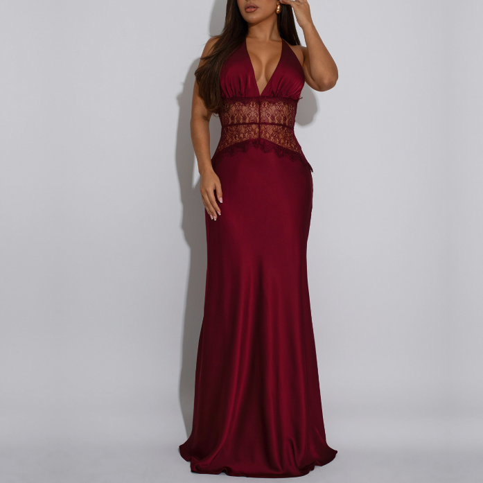 Robe sexy en dentelle à col en V et dos nu cousue pour femmes