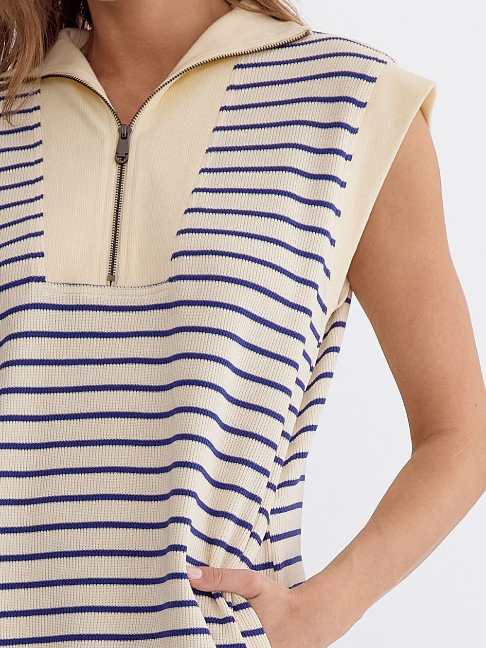 Vestido de verano para mujer, sin mangas, de algodón, tejido a rayas, con bolsillos y cremallera a juego