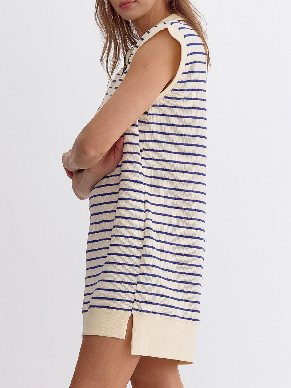 Vestido de verano para mujer, sin mangas, de algodón, tejido a rayas, con bolsillos y cremallera a juego