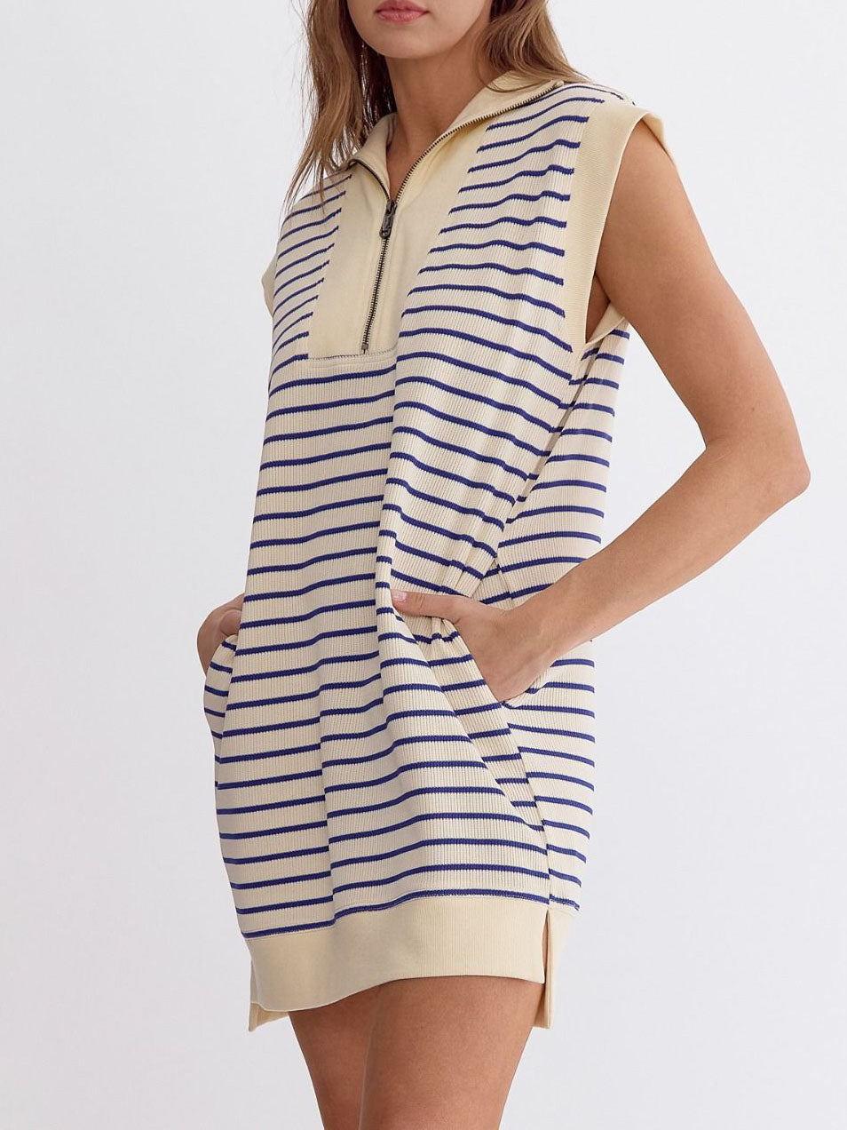 Vestido de verano para mujer, sin mangas, de algodón, tejido a rayas, con bolsillos y cremallera a juego