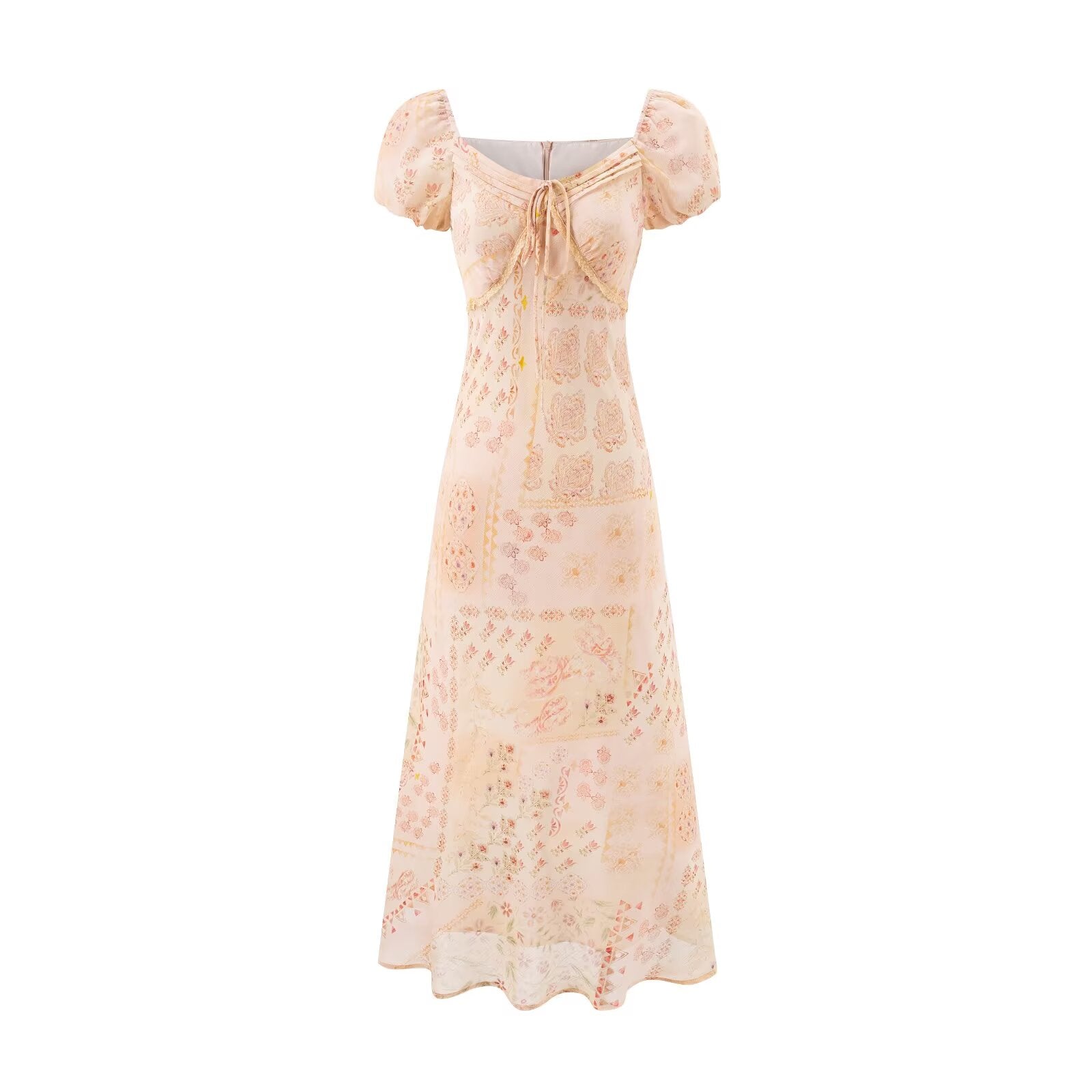 Retro Square Collar Lace up Bubble Sleeve Printed Dress Autumn High Waist Slim Slimming Vacation Maxi Dress