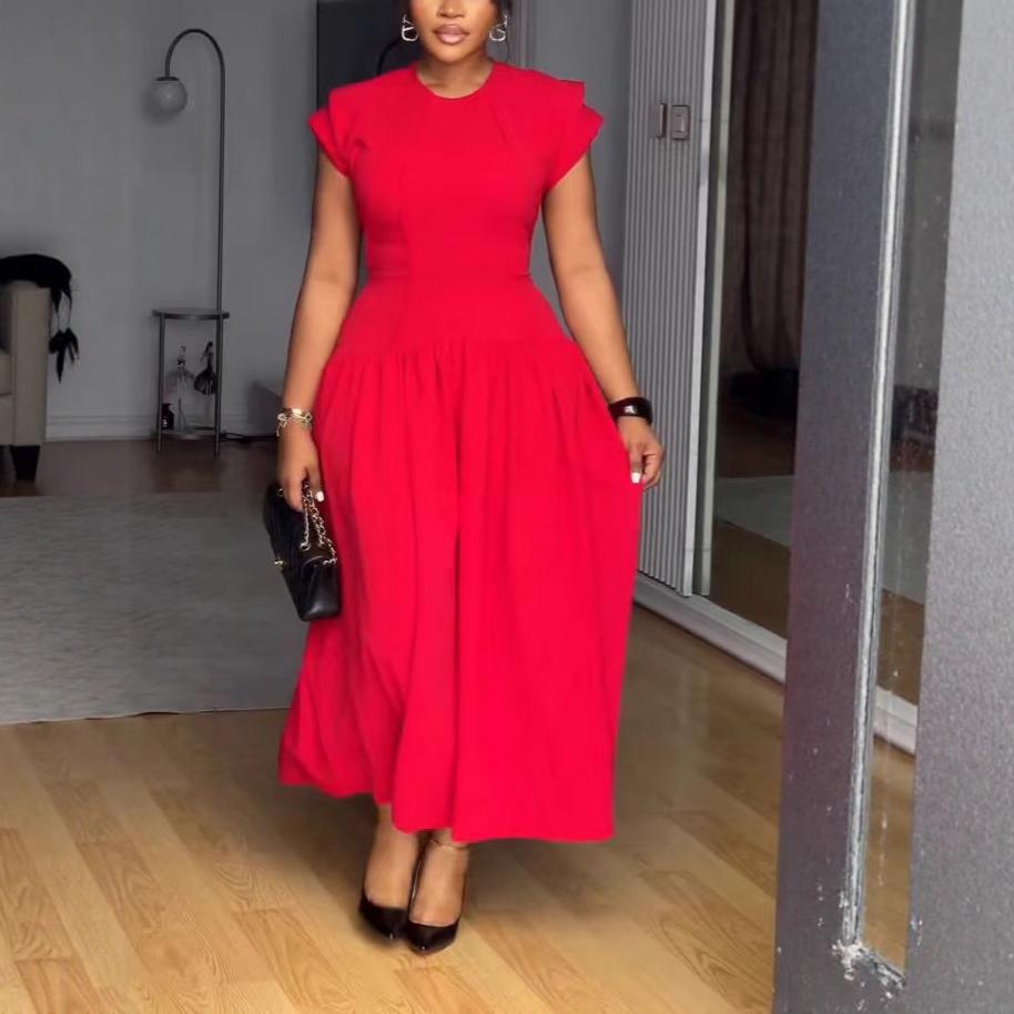 Elegant Elastic Waist Tightening Pleated Flounced Sleeve Lace Dress