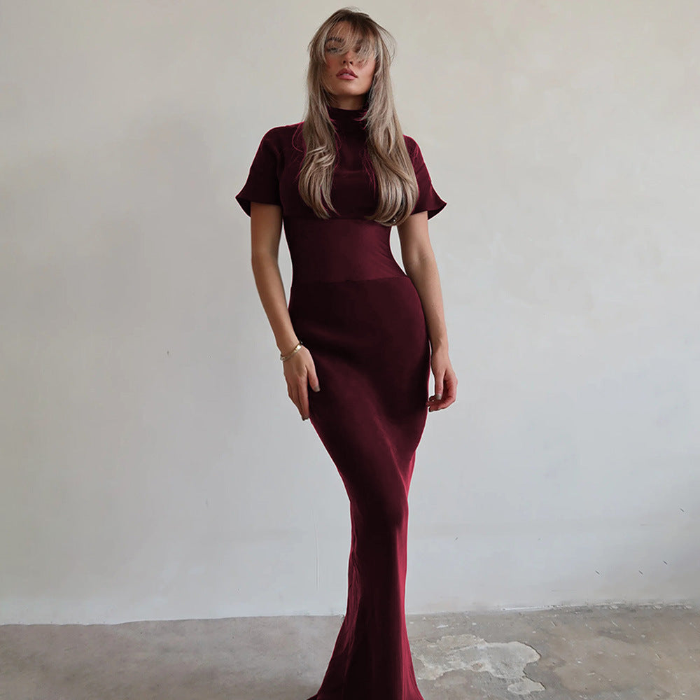 Vestido de gasa transparente con cuello alto y media manga, sexy, ajustado y de fregona.