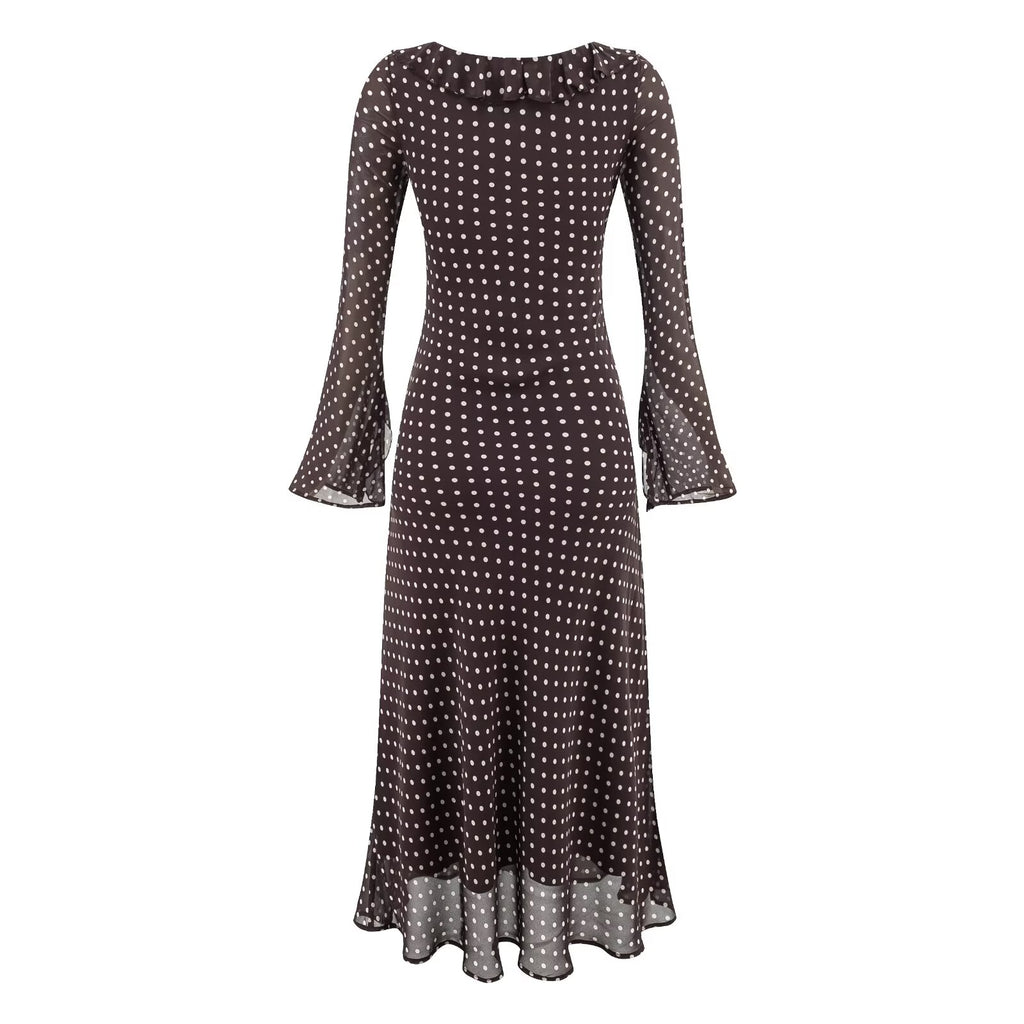High Grade Polka Dot Printing Collared Lace up Split Cuff Dress Autumn Tight Waist Slim Fit Maxi Dress