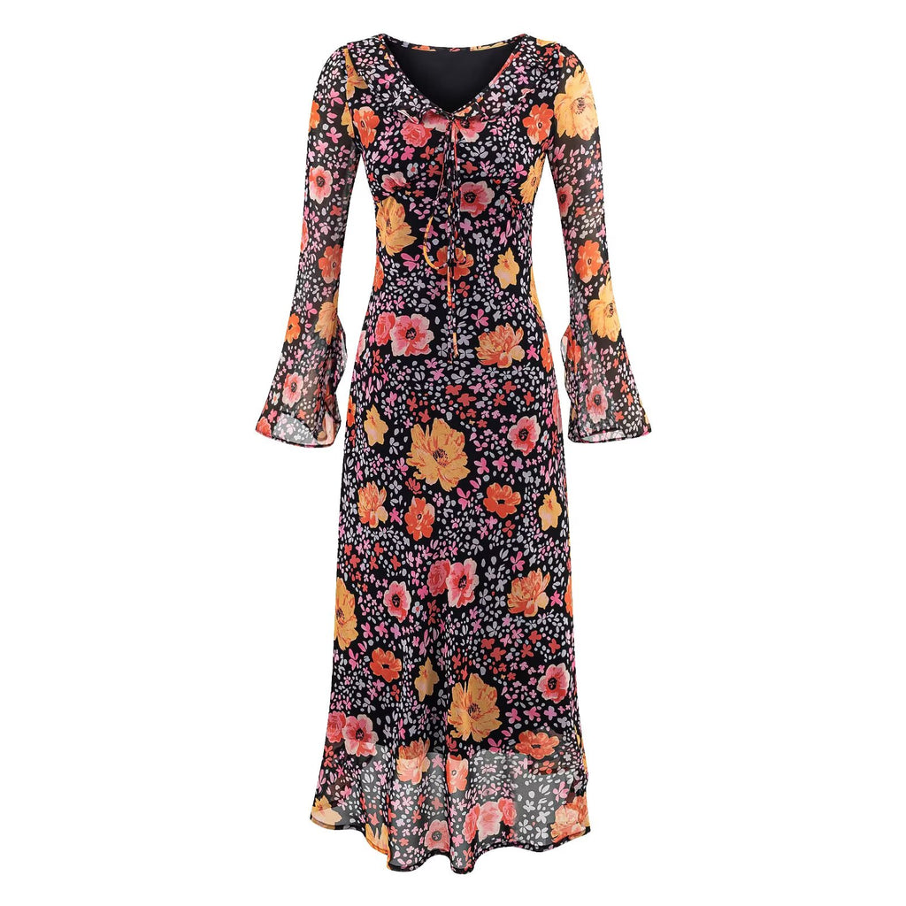 Vestido midi estampado de manga larga para mujer de otoño