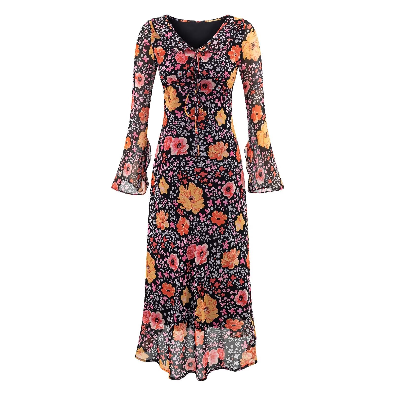 Autumn Women Long Sleeved Printed Midi Dress