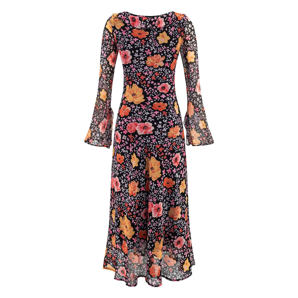 Vestido midi estampado de manga larga para mujer de otoño