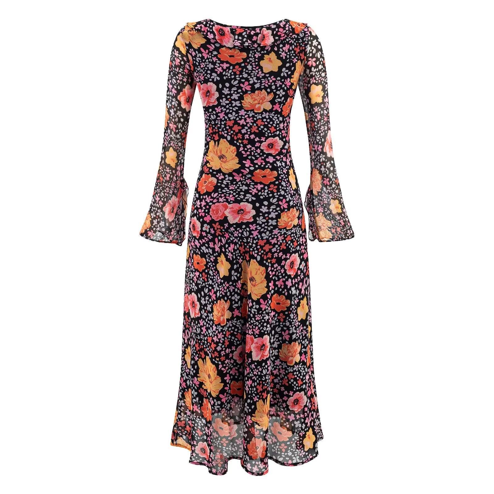 Autumn Women Long Sleeved Printed Midi Dress