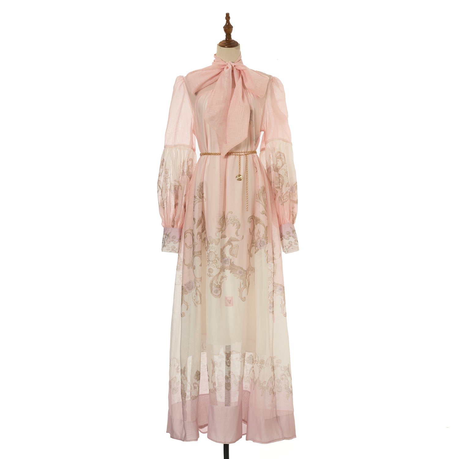 Women Loose Fitting V Neck Lantern Shaped Long Sleeved Wide Skirted Printed Dress
