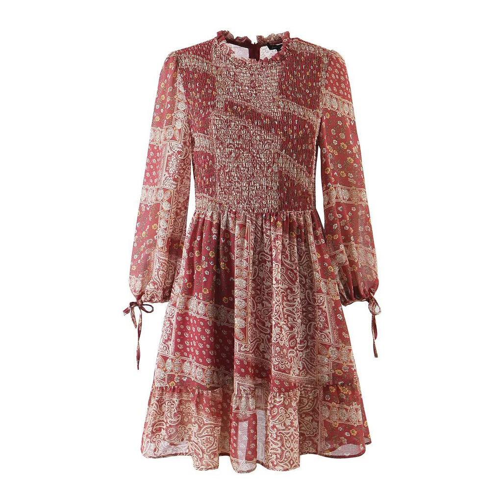 Vestido estampado de patchwork con puños de pajarita de imitación occidental para mujer