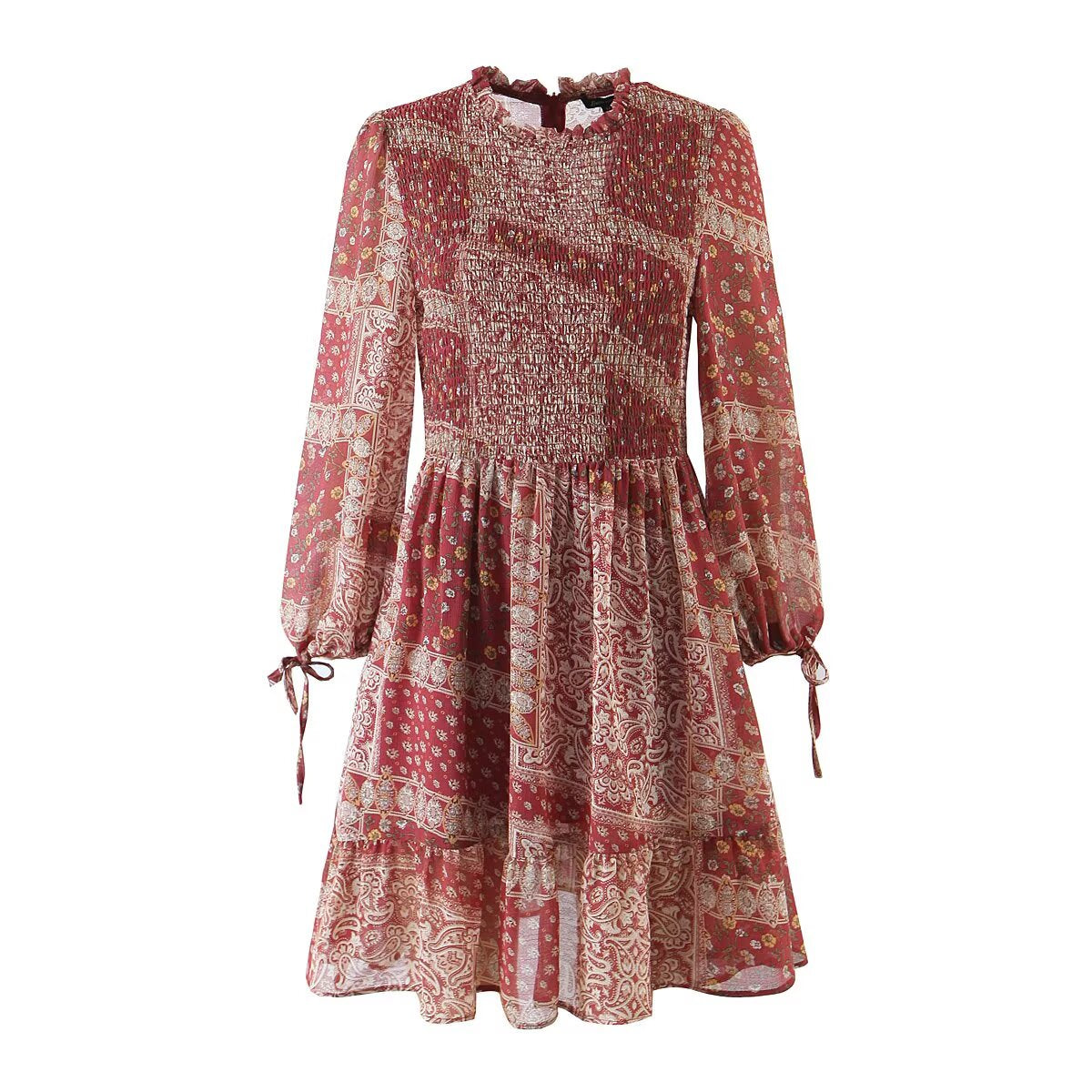 Vestido estampado de patchwork con puños de pajarita de imitación occidental para mujer