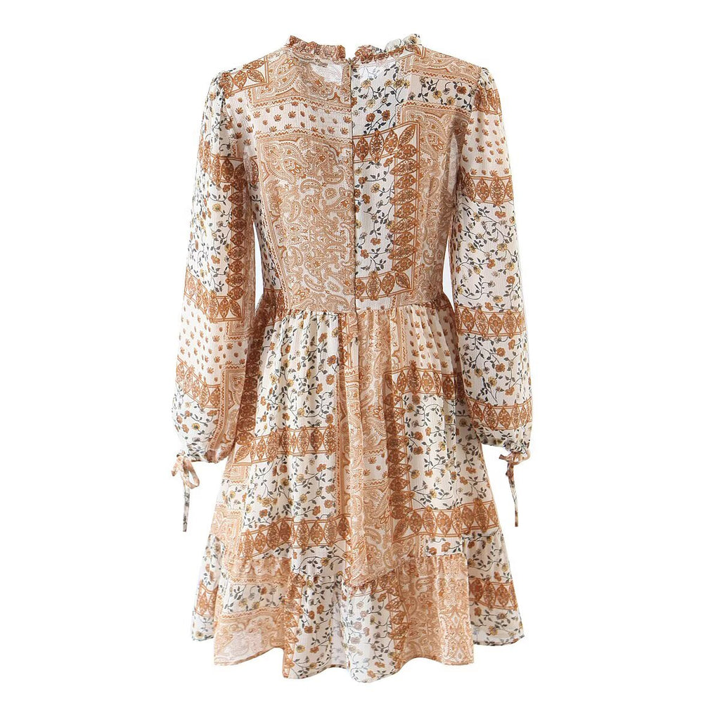 Vestido estampado de patchwork con puños de pajarita de imitación occidental para mujer