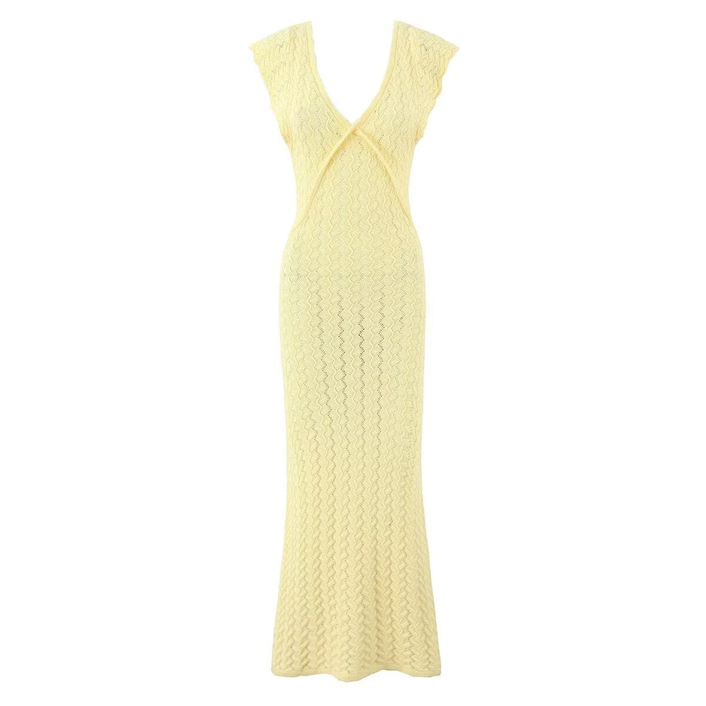 Vestido largo de punto de ganchillo vintage con cuello en V, diseño adelgazante, cintura ajustada, elegante, estilo francés puro.