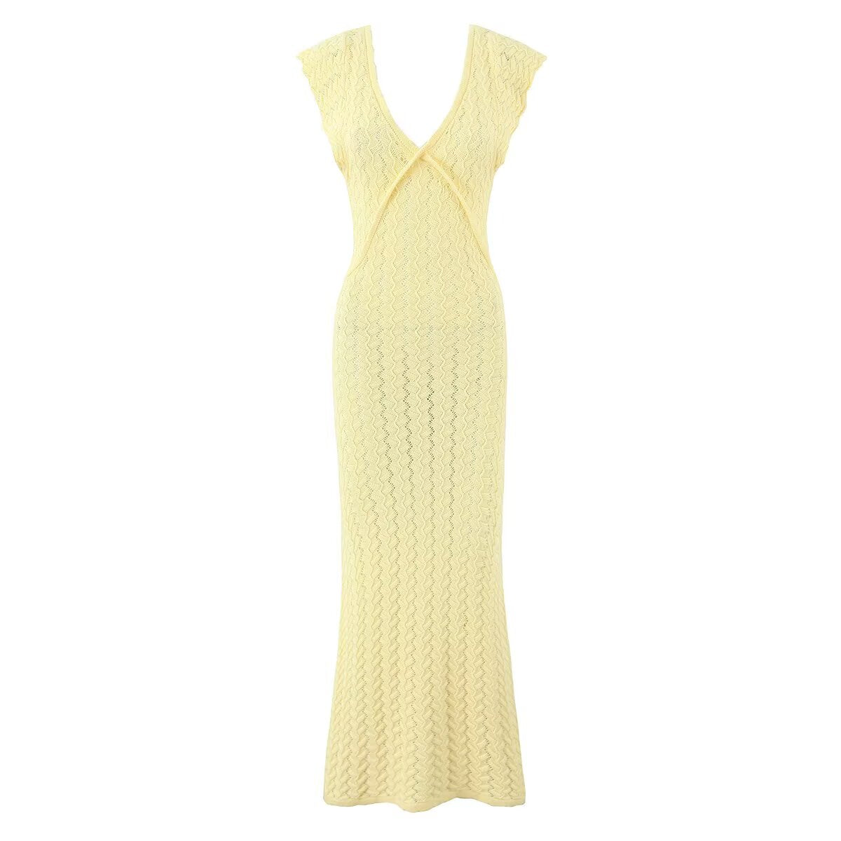 V neck Vintage Crocheted Knitted Dress Slimming Design Waist Tight Elegant Pure French Maxi Dress