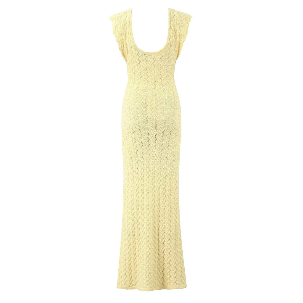 Vestido largo de punto de ganchillo vintage con cuello en V, diseño adelgazante, cintura ajustada, elegante, estilo francés puro.