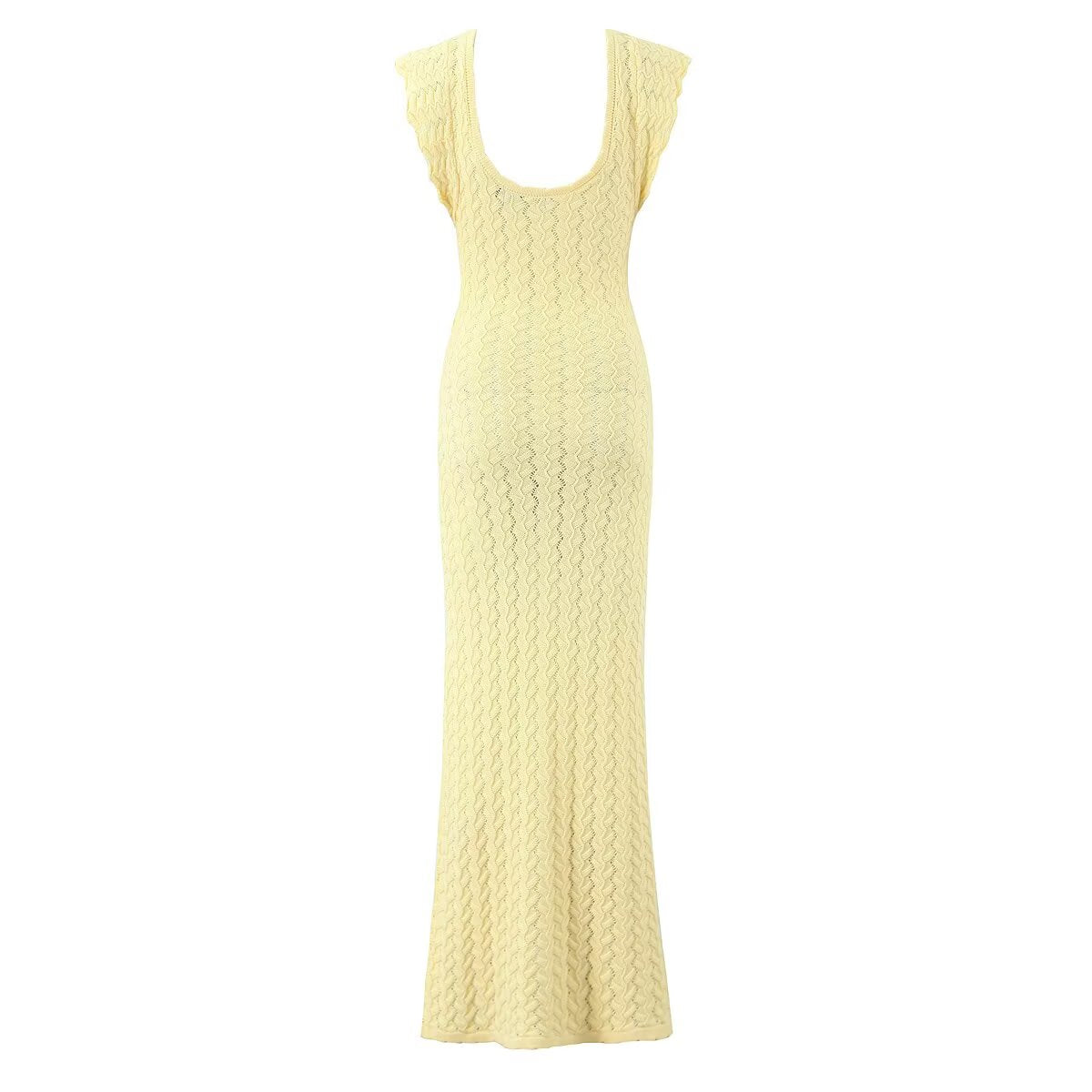 V neck Vintage Crocheted Knitted Dress Slimming Design Waist Tight Elegant Pure French Maxi Dress