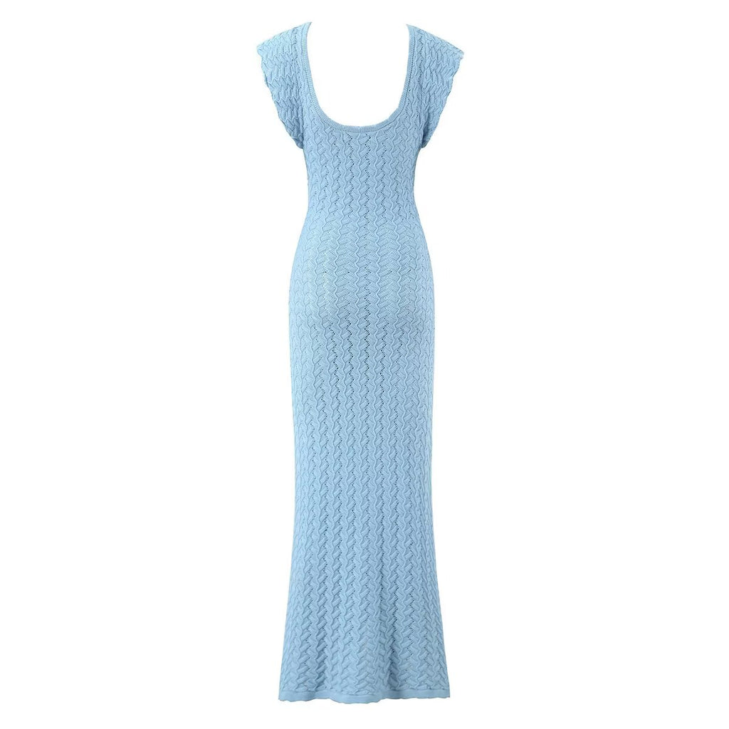 Vestido largo de punto de ganchillo vintage con cuello en V, diseño adelgazante, cintura ajustada, elegante, estilo francés puro.