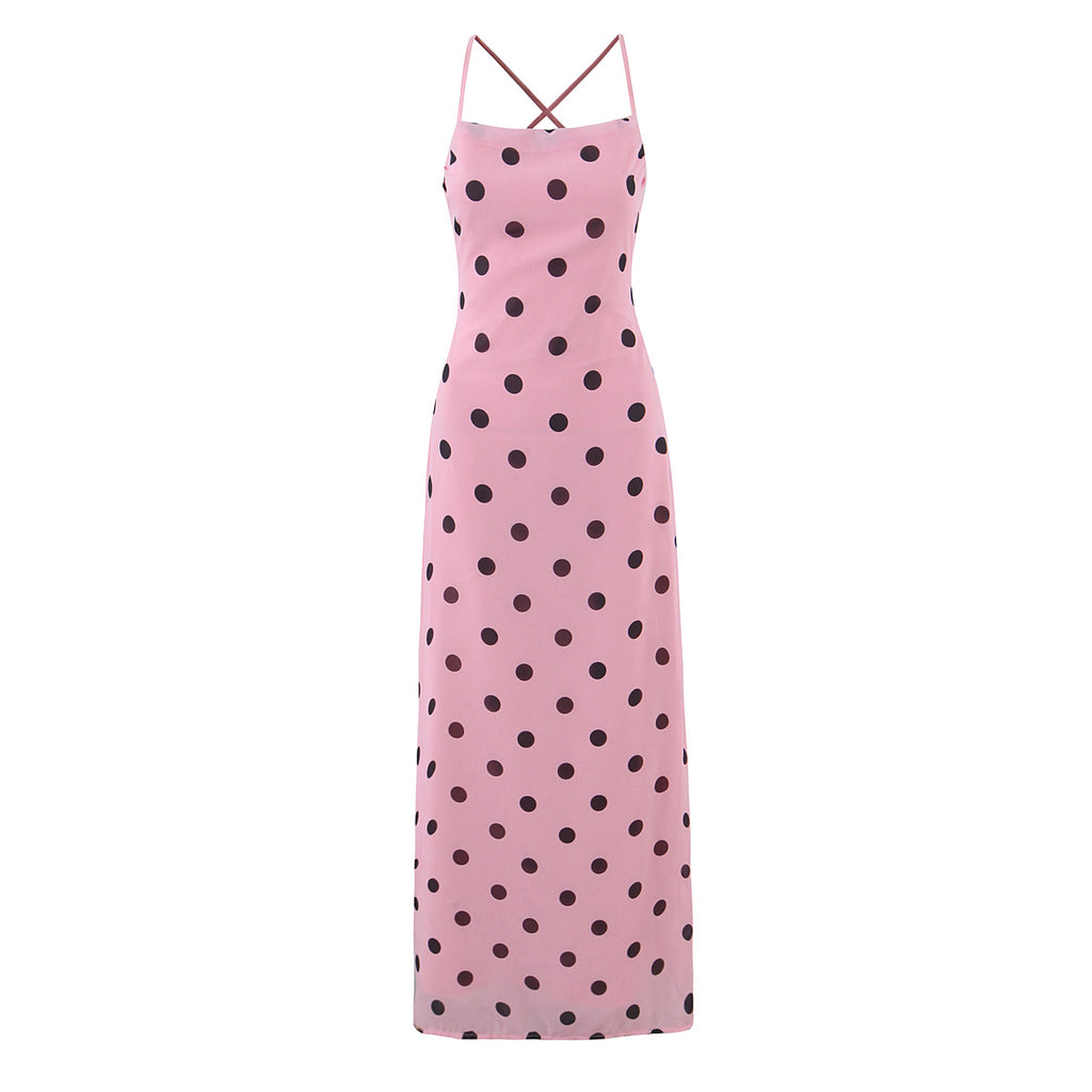 Gentle Elegant Pink Polka Dot Brace Dress Women Vintage Backless Lace up Design Tight Waist Maxi Dress