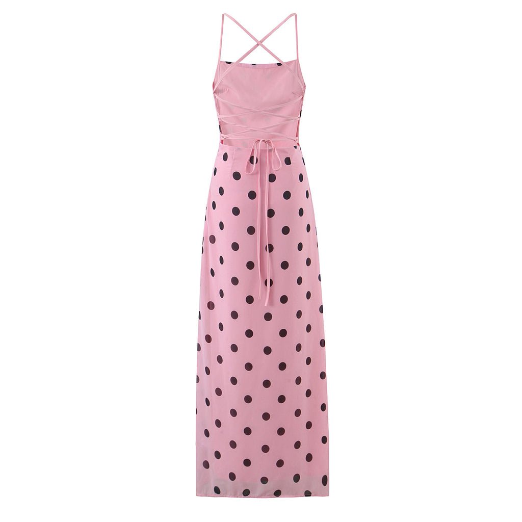 Gentle Elegant Pink Polka Dot Brace Dress Women Vintage Backless Lace up Design Tight Waist Maxi Dress